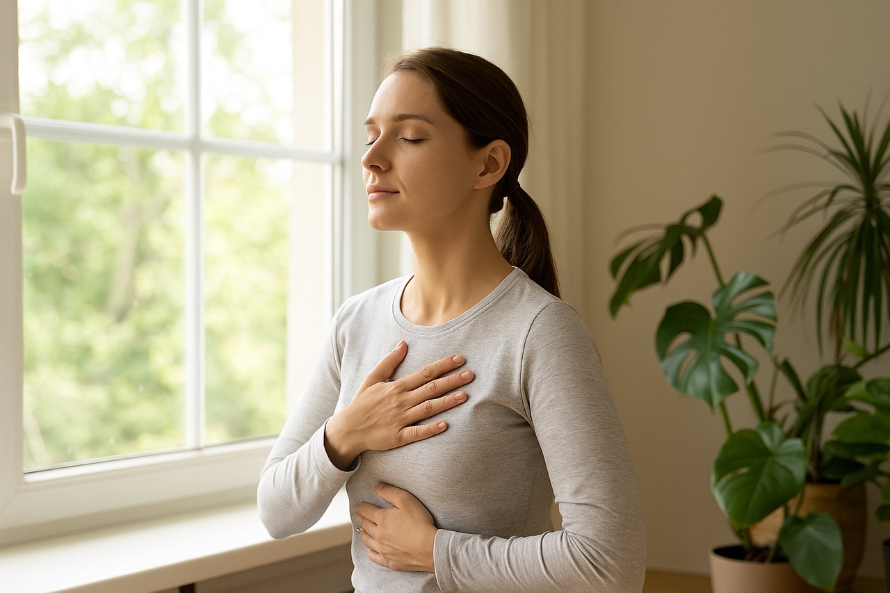 Người phụ nữ nhắm mắt hít thở sâu